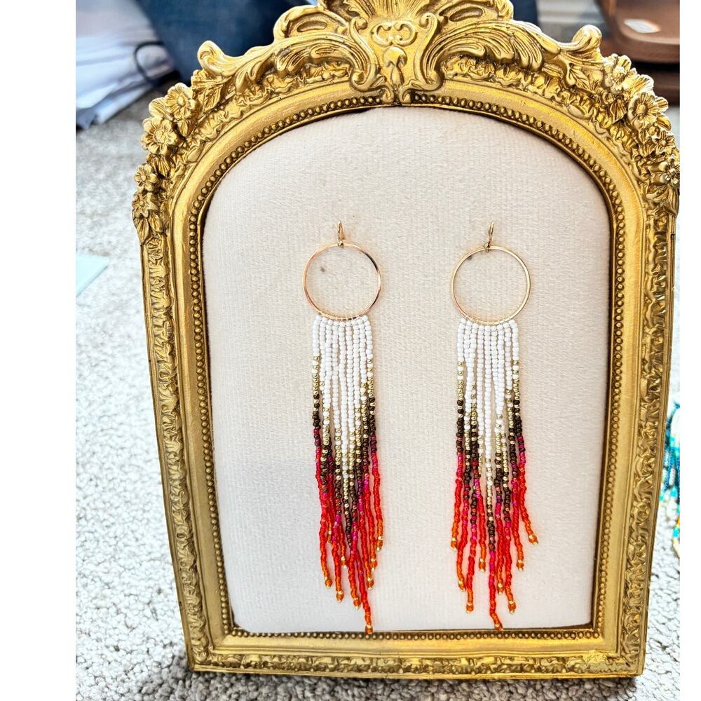 Boho Beaded Fringe Hoop Earrings RED White Gold Dangle NWT